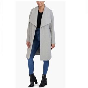 Cole Haan Signature Slick Wool Blend Wrap Shawl Collar Coat, Gray, Size 12, NWT